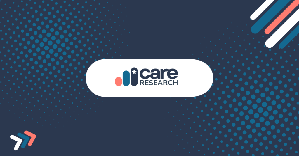 The image shows the Care Research logo centered on a dark blue background with dotted patterns and diagonal stripes in blue, red, and white in the corners.
