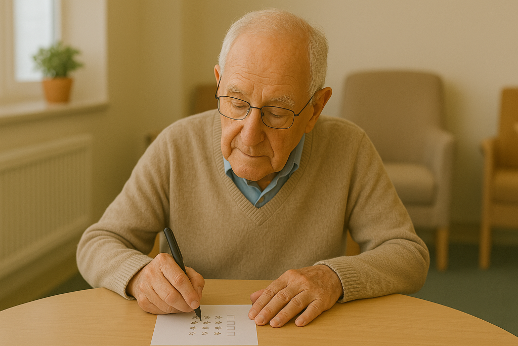 AI generated image of an elderly gentleman sat at a table filling in a survey form.