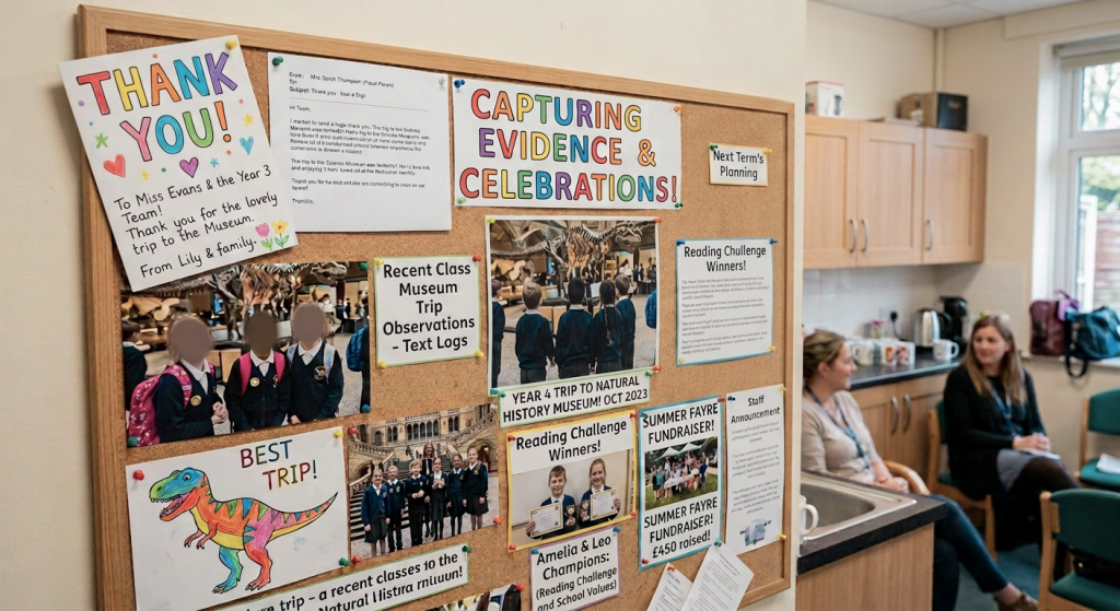 School staff room bulletin board featuring a collage of photos and messages, promoting events and sharing updates.